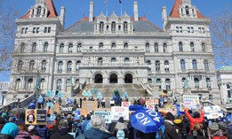 Protesters rally in front of the state Capitol against the planned Constitution pipeline in 2016.