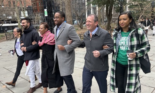 From left, WFP Co-Director Ana María Archila, mayoral candidates Zohran Mamdani, Adrienne Adams, Zellnor Myrie, Brad Lander and WFP Co-Director Jasmine Gripper.