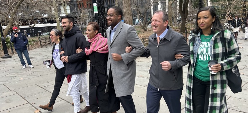 From left, WFP Co-Director Ana María Archila, mayoral candidates Zohran Mamdani, Adrienne Adams, Zellnor Myrie, Brad Lander and WFP Co-Director Jasmine Gripper.
