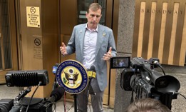 Rep. Dan Goldman speaks to the press outside the federal building at 290 Broadway on May 29, 2025.
