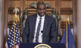 Lt. Gov. Antonio Delgado speaks to the press after being named lieutenant governor on May 3, 2022.