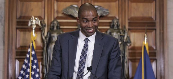 Lt. Gov. Antonio Delgado speaks to the press after being named lieutenant governor on May 3, 2022.