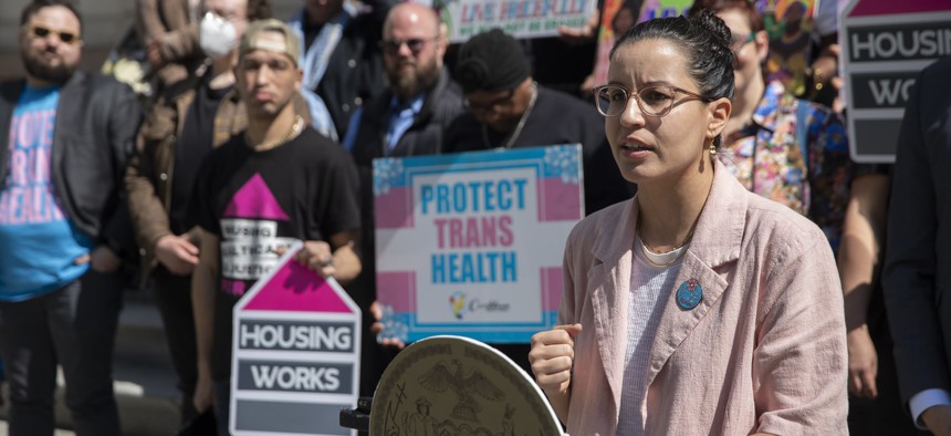 New York City Council Member Tiffany Cabán speaks at a rally outside City Hall celebrating the passage of legislation to ensure legal resources and health care access for the transgender and nonconforming community.