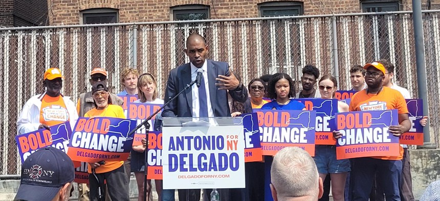 Lt. Gov. Antonio Delgado holds a rally in Brooklyn on June 4, 2025.