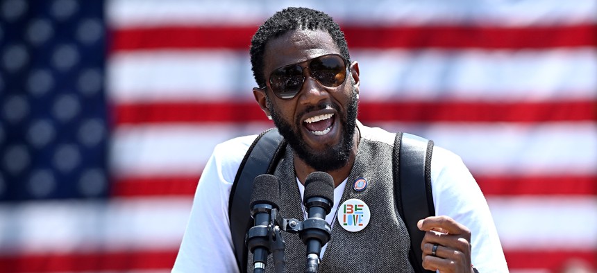 Public Advocate Jumaane Williams speaks at a rally in support of then-Rep. Jamaal Bowman in 2024.