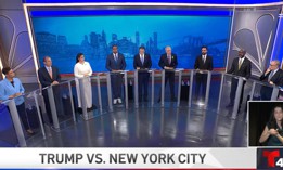 From left, candidates Adrienne Adams, Brad Lander, Jessica Ramos, Zellnor Myrie, Andrew Cuomo, Whitney Tilson, Zohran Mamdani, Michael Blake and Scott Stringer