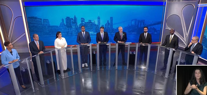 From left, candidates Adrienne Adams, Brad Lander, Jessica Ramos, Zellnor Myrie, Andrew Cuomo, Whitney Tilson, Zohran Mamdani, Michael Blake and Scott Stringer