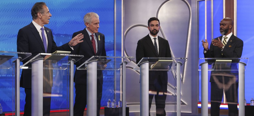 Candidates Andrew Cuomo, Whitney Tilson, Zohran Mamdani and Michael Blake face off at their first official debate