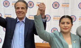 State Sen. Jessica Ramos stands with former Gov. Andrew Cuomo after endorsing his mayoral campaign on June 6, 2025.