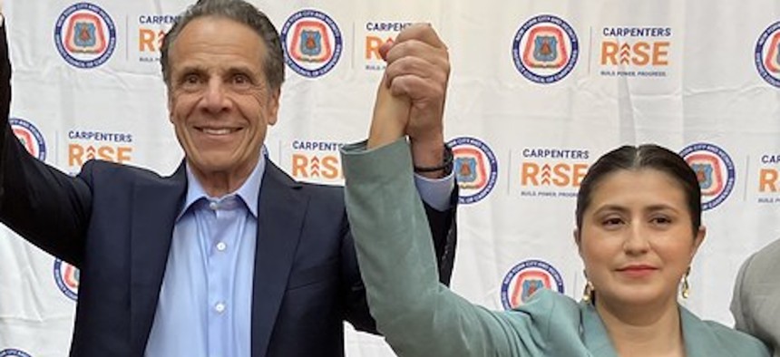 State Sen. Jessica Ramos stands with former Gov. Andrew Cuomo after endorsing his mayoral campaign on June 6, 2025.