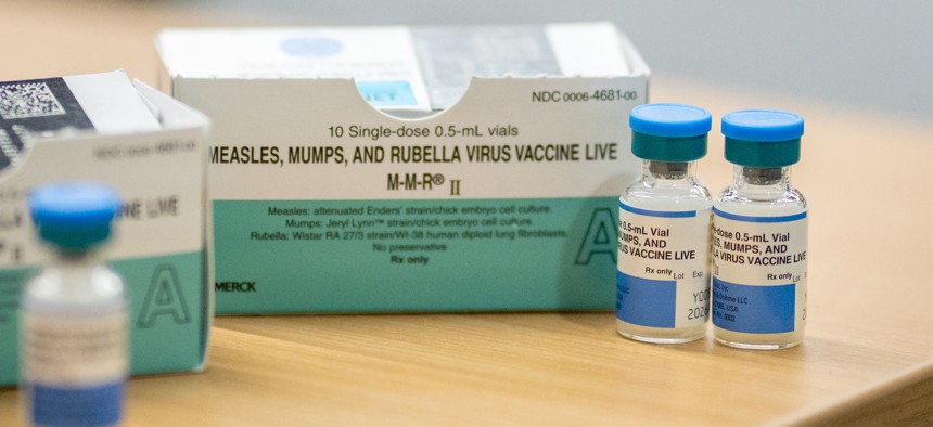 Boxes and vials of the Measles, Mumps and Rubella vaccine at a clinic in Texas on March 1, 2025.