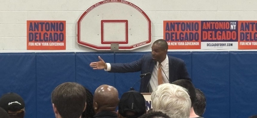 Lt. Gov. Antonio Delgado delivers a stump speech at the Schenectady YMCA on June, 7, 2025.