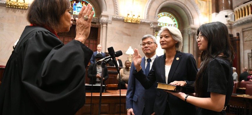 Iwen Chu is sworn into office on January 4, 2023.