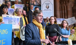 State Sen. Brad Hoylman-Sigal speaks at a rally in support of the Medical Aid in Dying bill on May 6, 2025.