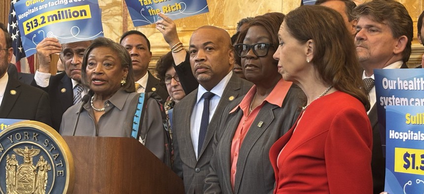 State Senate Majority Leader Andrea Stewart-Cousins and Assembly Speaker Carl Heastie hold a joint press conference in Albany to discuss the federal budget bill on June 9, 2025.