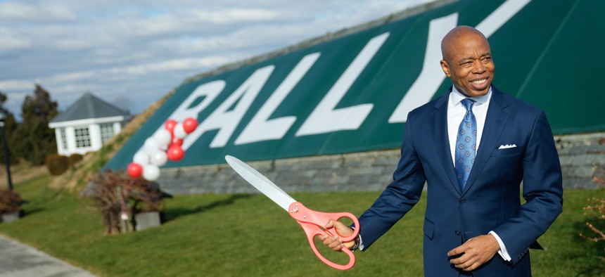 New York City Mayor Eric Adams cuts the ribbon on the renamed Bally’s Links in 2024