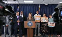 State Sen. Julia Salazar speaks at a press conference in support of prison reform bills, including the Earned Time Act and Second Look Act, on May 14, 2025.