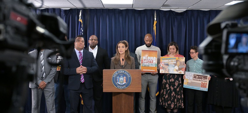 State Sen. Julia Salazar speaks at a press conference in support of prison reform bills, including the Earned Time Act and Second Look Act, on May 14, 2025.