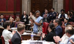 State Senate Majority Leader Andrea Stewart-Cousins delivers closing remarks at the end of the legislative session on June 12, 2025.