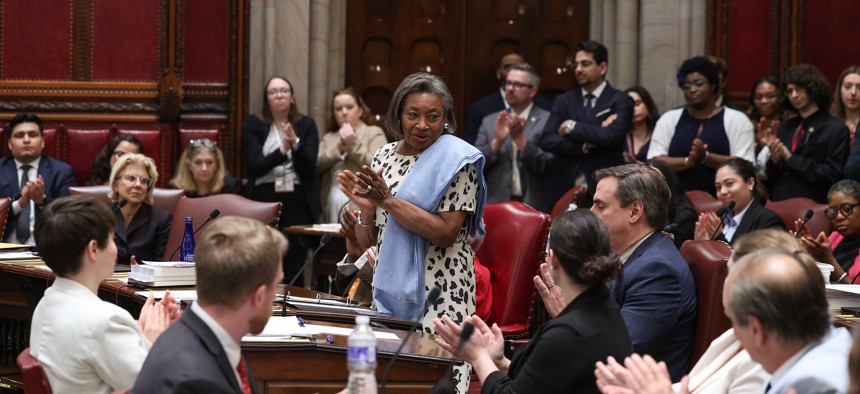 State Senate Majority Leader Andrea Stewart-Cousins delivers closing remarks at the end of the legislative session on June 12, 2025.