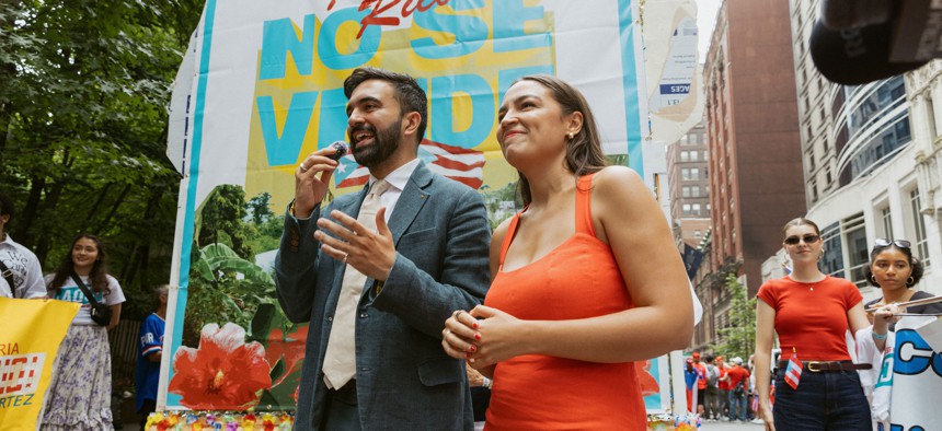 Zohran Mamdani and Rep. Alexandria Ocasio-Cortez speak at the Puerto Rican Day Parade.