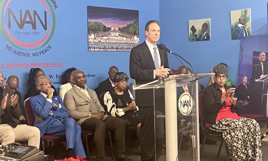 Andrew Cuomo spoke at the National Action Network headquarters Saturday morning.