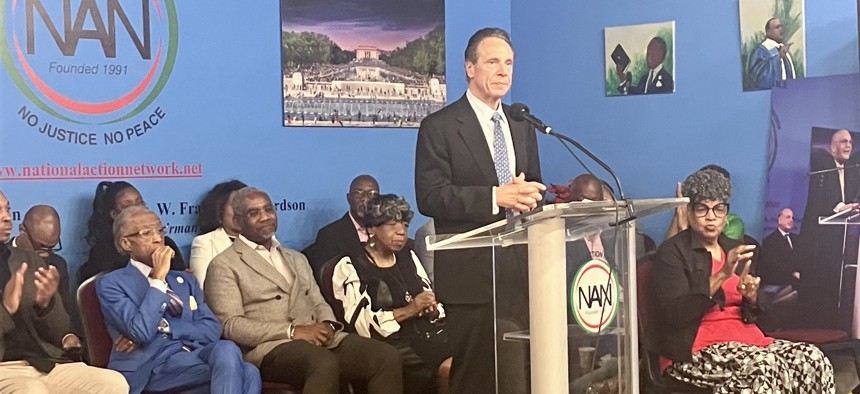 Andrew Cuomo spoke at the National Action Network headquarters Saturday morning.
