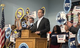 Former Gov. Andrew Cuomo speaks at HTC headquarters.