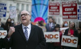 New York City Council Member Justin Brannan speaks at a rally in support of CUNY on March 10, 2022.