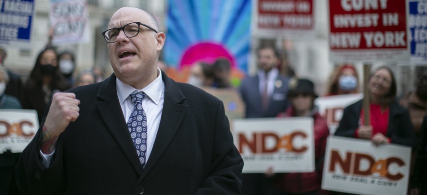 New York City Council Member Justin Brannan speaks at a rally in support of CUNY on March 10, 2022.