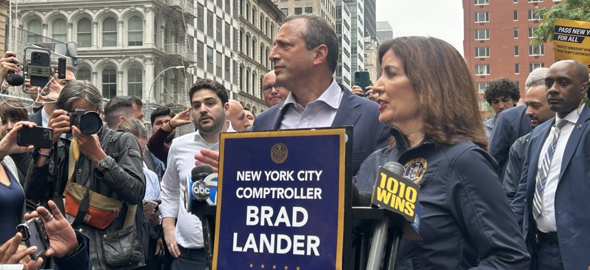 Gov. Kathy Hochul joins mayoral candidate and Comptroller Brad Lander after he was released from several hours of ICE detention. 