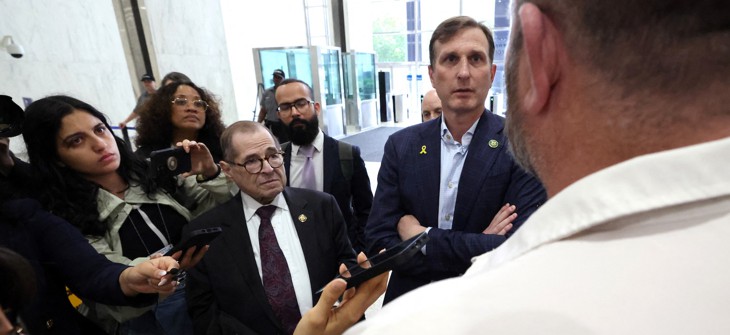 Reps. Jerry Nadler and Dan Goldman, from left to right in the foreground, were denied entry to a portion of a U.S. Immigration and Customs Enforcement detention facility.
