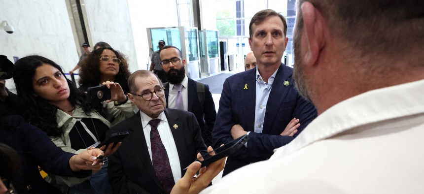 Reps. Jerry Nadler and Dan Goldman, from left to right in the foreground, were denied entry to a portion of a U.S. Immigration and Customs Enforcement detention facility.