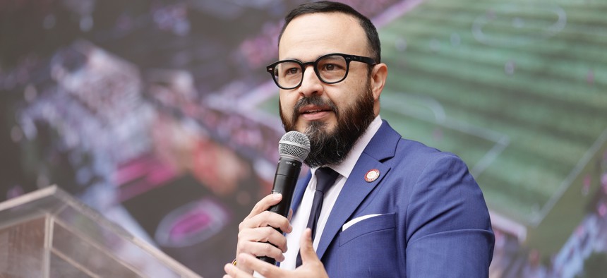 New York City Council Member Francisco Moya announces Queensboro FC's new soccer stadium on May 27, 2021.
