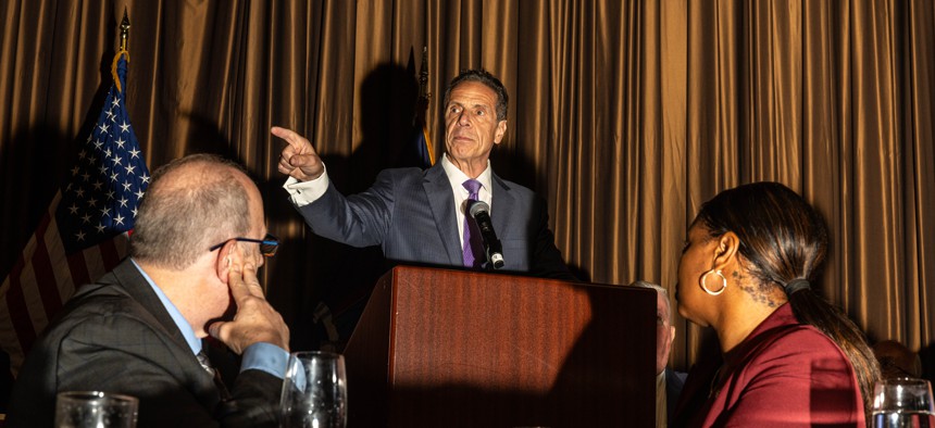 Former Gov. Andrew Cuomo addresses the International Brotherhood of Electrical Workers Local 3 and Catholic Council on Sunday.