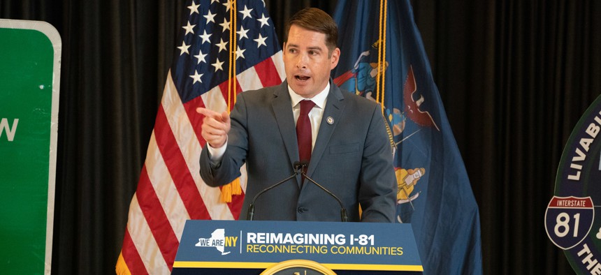 Syracuse Mayor Ben Walsh speaks at the I-81 groundbreaking in Syracuse on July 21, 2023.