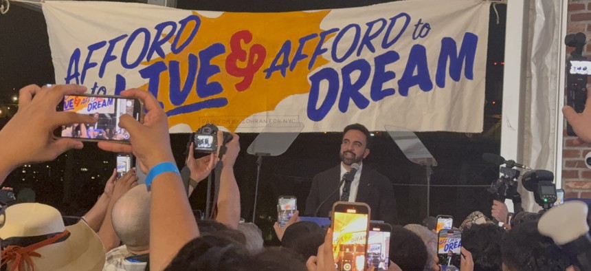 Zohran speaks to a crowd of supporters at his election night victory party on June 25, 2025.