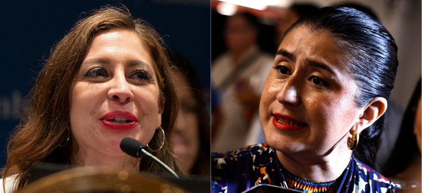 Assembly Member Jessica González-Rojas, left, is weighing a bid for state Sen. Jessica Ramos’ seat.