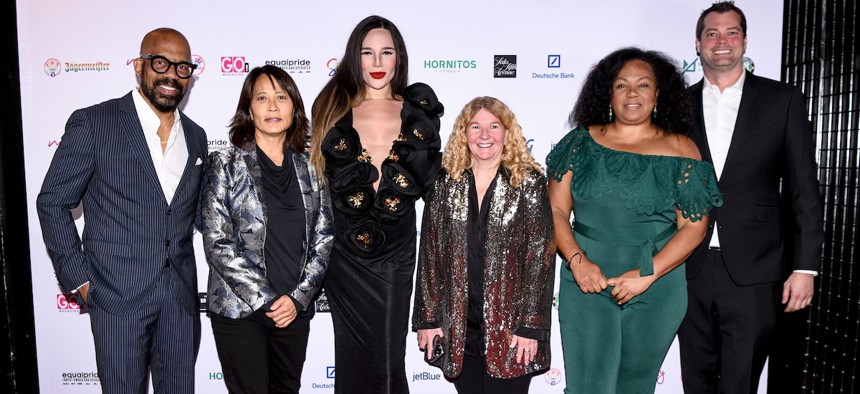 The Stonewall Inn Gives Back Initiative board members Kevin McDowell, Dara Nai, Angelica Christina, Stacy Lentz, Stephanie Gayle and David Studinski at the 2024 Stonewall Inn Gives Back Initiative Gala in New York City.