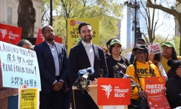 Mayoral candidate Zohran Mamdani speaks at a Tenant Bloc rally.