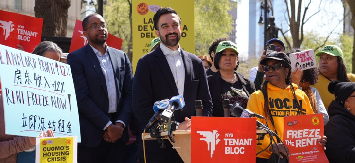 Mayoral candidate Zohran Mamdani speaks at a Tenant Bloc rally.