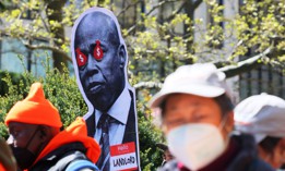 Tenants rally for a rent freeze in 2022 at City Hall Park.