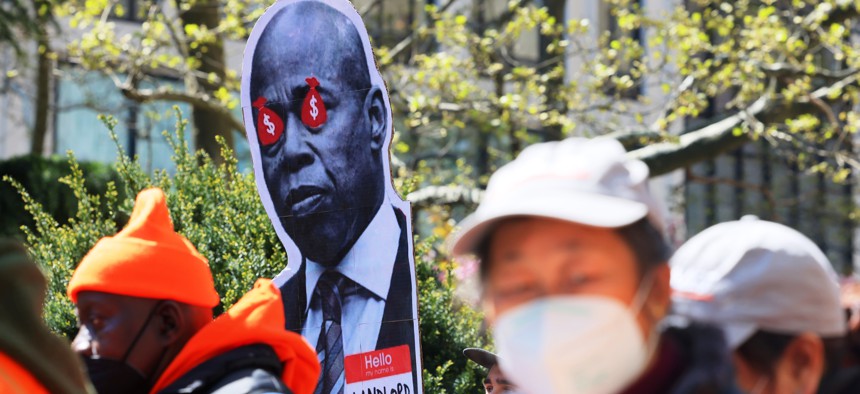 Tenants rally for a rent freeze in 2022 at City Hall Park.