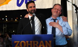 Mayoral candidates Zohran Mamdani and Brad Lander appear onstage following Mamdani’s victory in the Democratic mayoral primary on June 24, 2025.