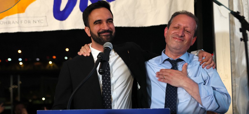 Mayoral candidates Zohran Mamdani and Brad Lander appear onstage following Mamdani’s victory in the Democratic mayoral primary on June 24, 2025.