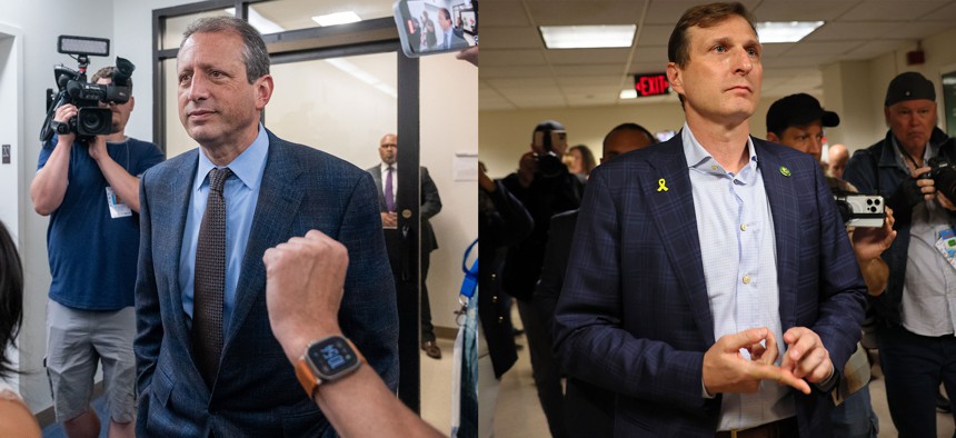 New York City Comptroller Brad Lander, left, and Rep. Dan Goldman, right.