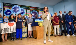 Gov. Kathy Hochul delivers remarks to the Hotel and Gaming Trades Council on June 30, 2025.