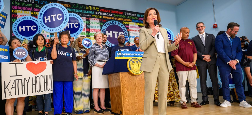 Gov. Kathy Hochul delivers remarks to the Hotel and Gaming Trades Council on June 30, 2025.