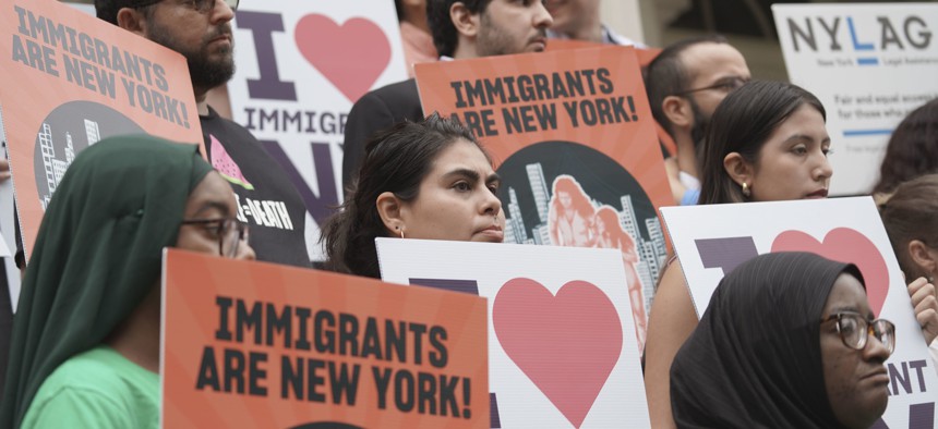 Immigrant rights advocates rallied for legal services funding in the New York City budget at City Hall last week.