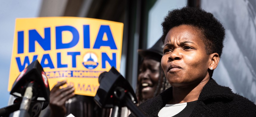India Walton, then the Democratic nominee for Buffalo mayor, campaigns in October 2021. 
